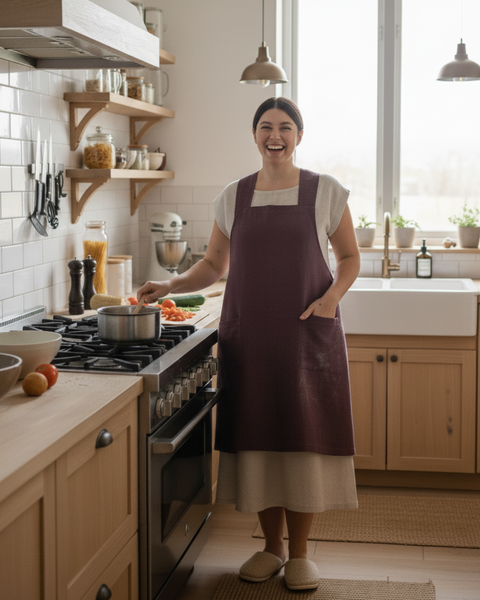 Una mujer de pie en una cocina luminosa y acogedora, vistiendo un delantal morado de estilo japonés mientras remueve una olla en la estufa. Verduras frescas están esparcidas sobre la encimera a su lado, y ella sonríe con calidez.
