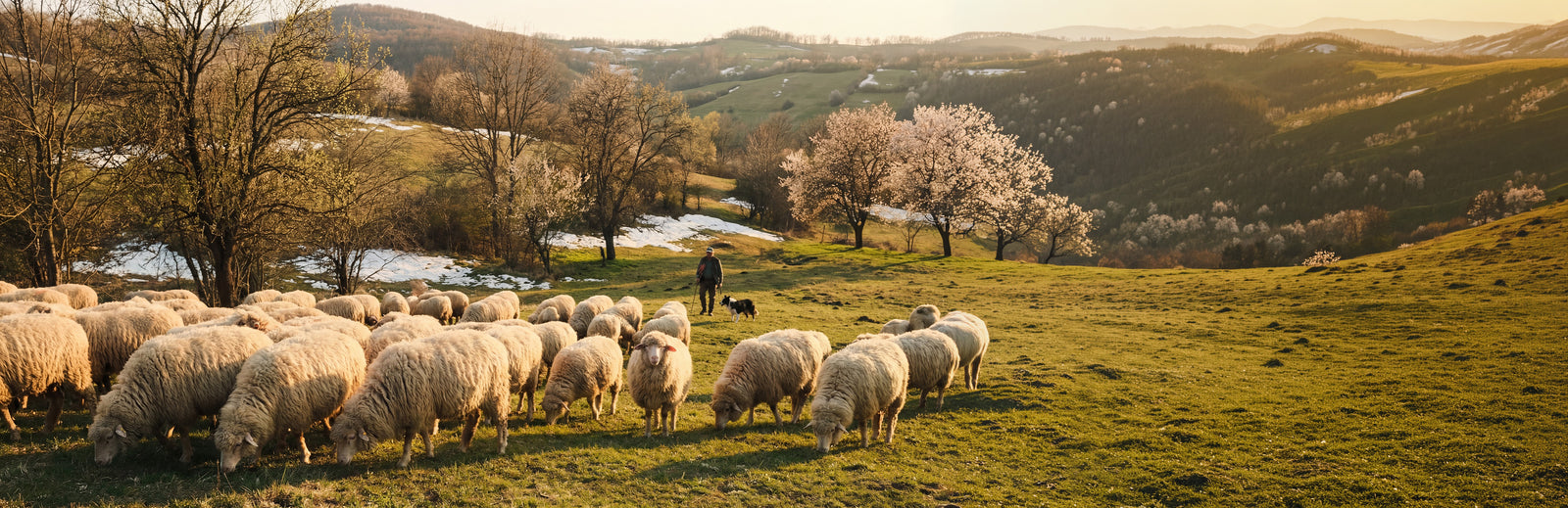 Flock of merino sheep grazing in a mountain meadow at sunset, natural source of high-quality merino wool.