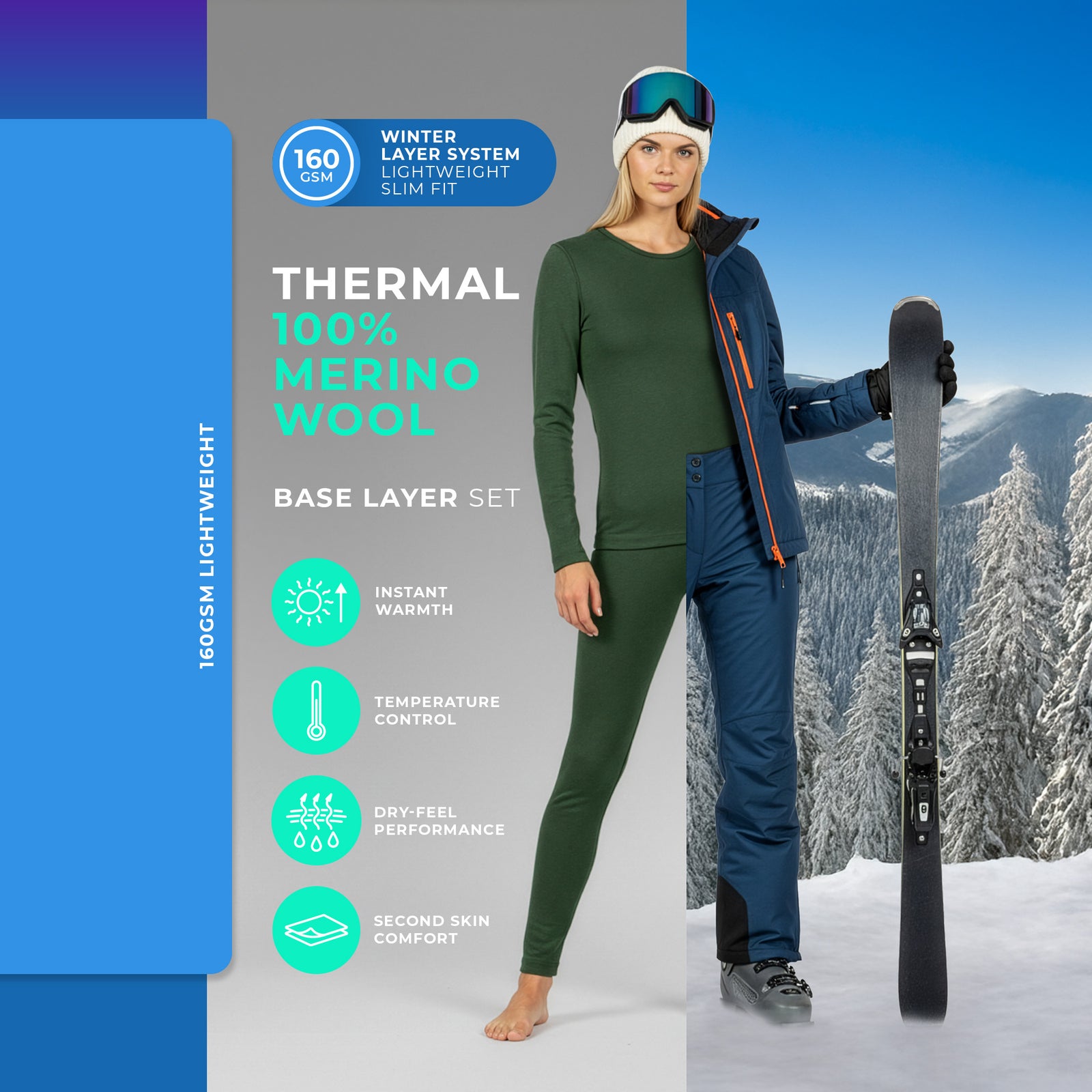 Conjunto de 2 piezas para mujer: camiseta de manga larga 160 y pantalones en verde oscuro