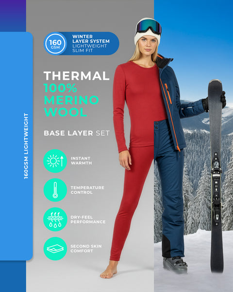 Conjunto térmico para mujer de capa base en lana merina roja de 160 GSM, ropa interior ligera de invierno para esquí, snowboard y actividades al aire libre