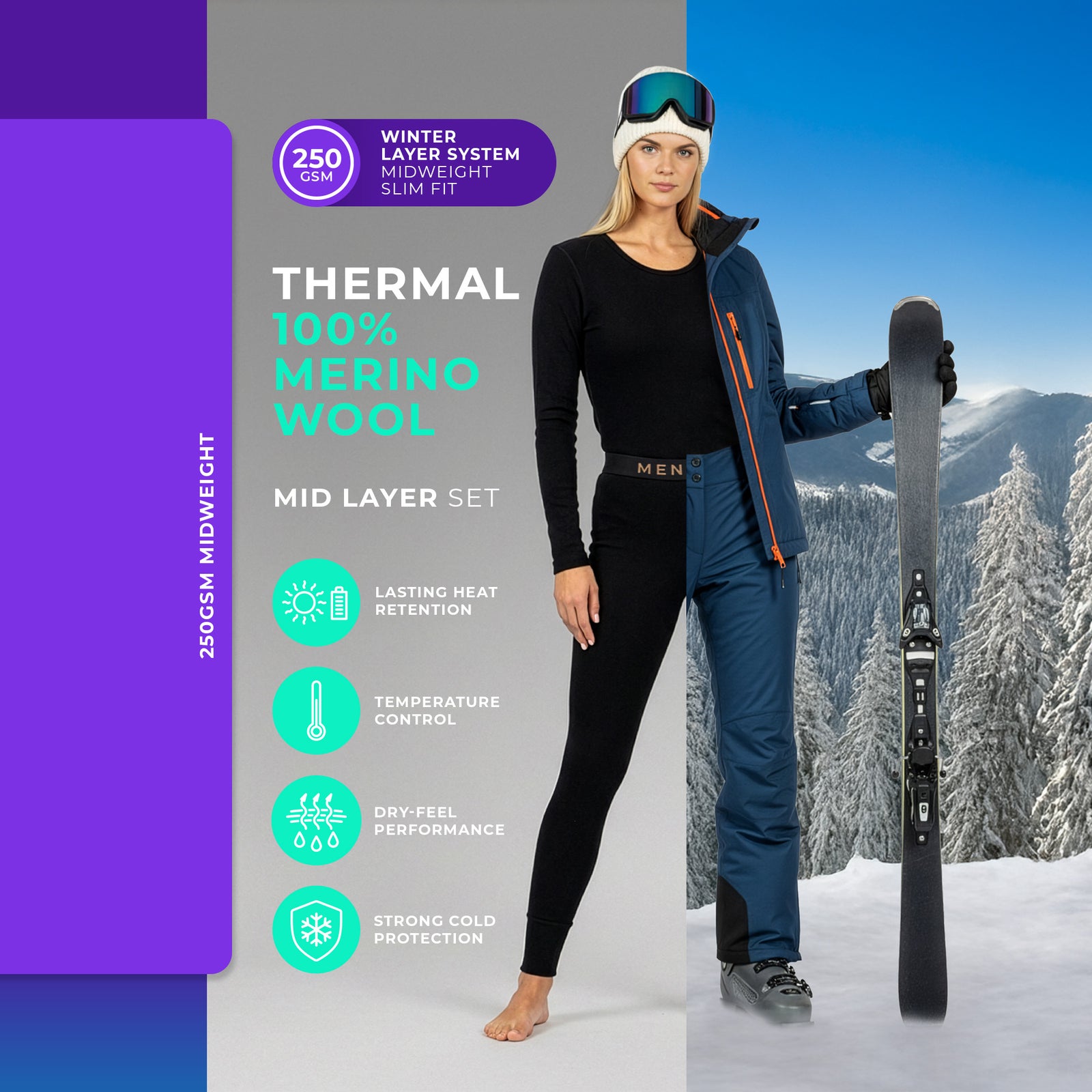 Conjunto de 2 piezas para mujer de merino 250: camiseta de manga larga y pantalones en negro