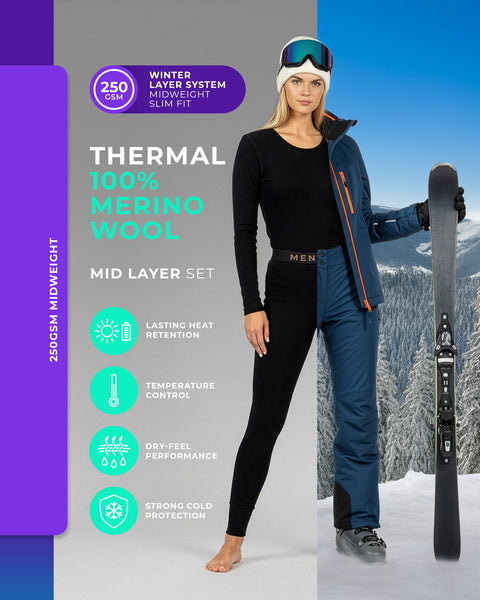 Conjunto térmico de capa intermedia para mujer de 250 GSM hecho de 100 % lana merina en negro, capa base ajustada para deportes de invierno, esquí y vestimenta en clima frío