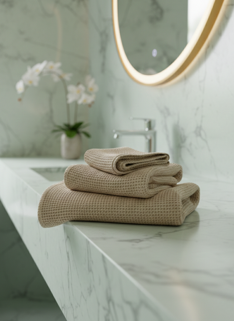 Pila de toallas beige con textura sobre una encimera de mármol en el baño, cerca de un lavabo y un espejo.