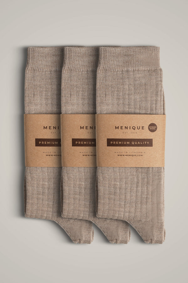 Calcetines finos de canalé para mujer 85 % lana merina, paquete de 3 en beige – calcetines ligeros, transpirables y de calidad superior para el uso diario.
