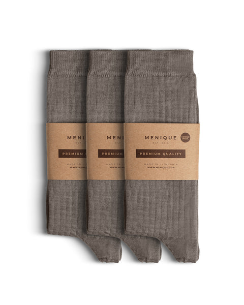 Three-pack of women’s brown ribbed Merino wool socks, thin premium crew socks set