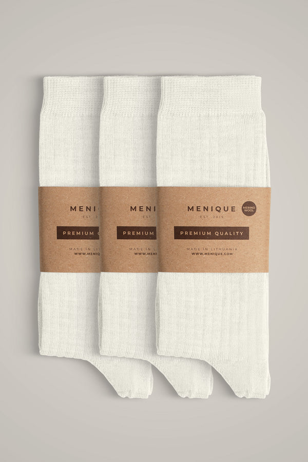 Calcetines finos de canalé para mujer, 85 % lana merina, paquete de 3 en blanco natural – calcetines de lana sostenibles, finos y elegantes para el día a día.