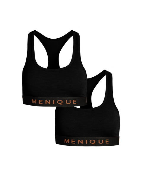 The menique women's sport bra in black color, front view, in a white background.