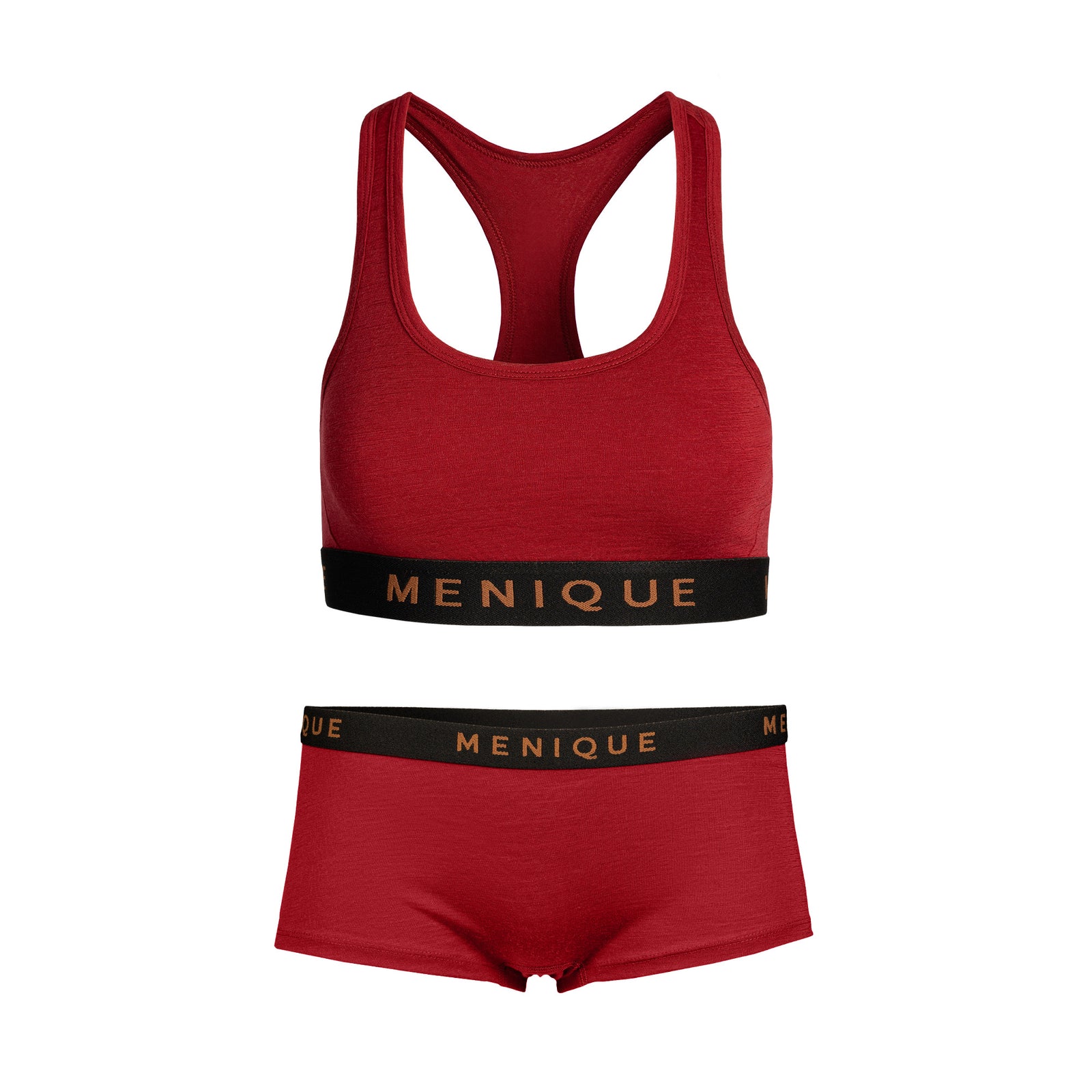 Conjunto para mujer de sujetador deportivo y bóxers de lana merina en color Cereza Real.