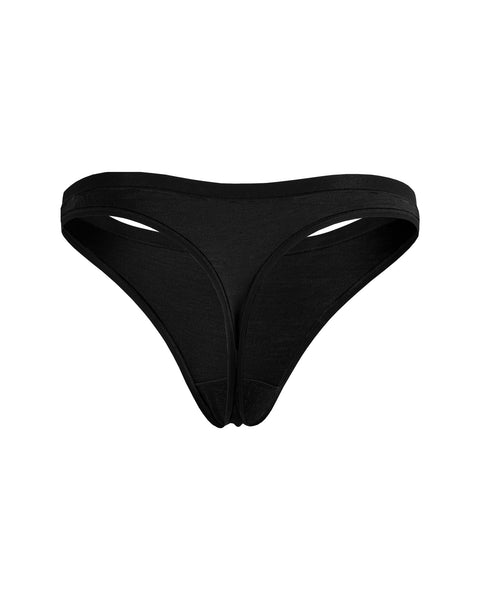 Las bragas tanga de merino para mujer de Menique en color negro, vista trasera.