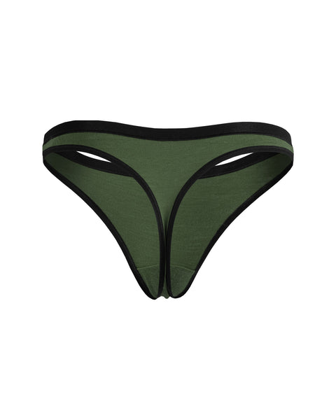 Las bragas tanga de merino para mujer de Menique en color verde oscuro, vista trasera.
