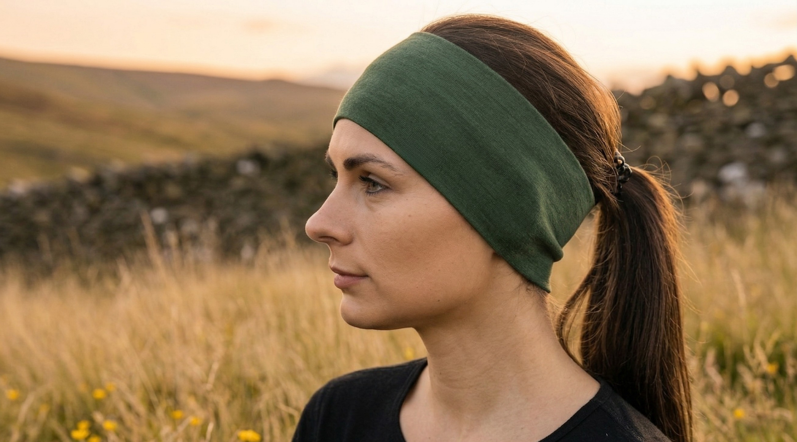 A close-up profile shot shows a woman outdoors wearing a wide, dark green fabric headband over her brown hair. She looks softly into the distance, dressed in a simple black top against a muted natural background.