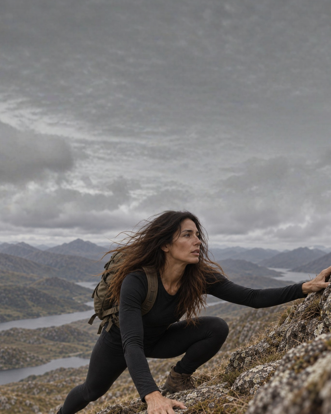 A woman with long, windblown hair climbs up a rugged, rocky hillside while wearing a black long-sleeved top and carrying an olive-green backpack. She looks determinedly ahead against a backdrop of distant mountains, a lake, and a cloudy gray sky.