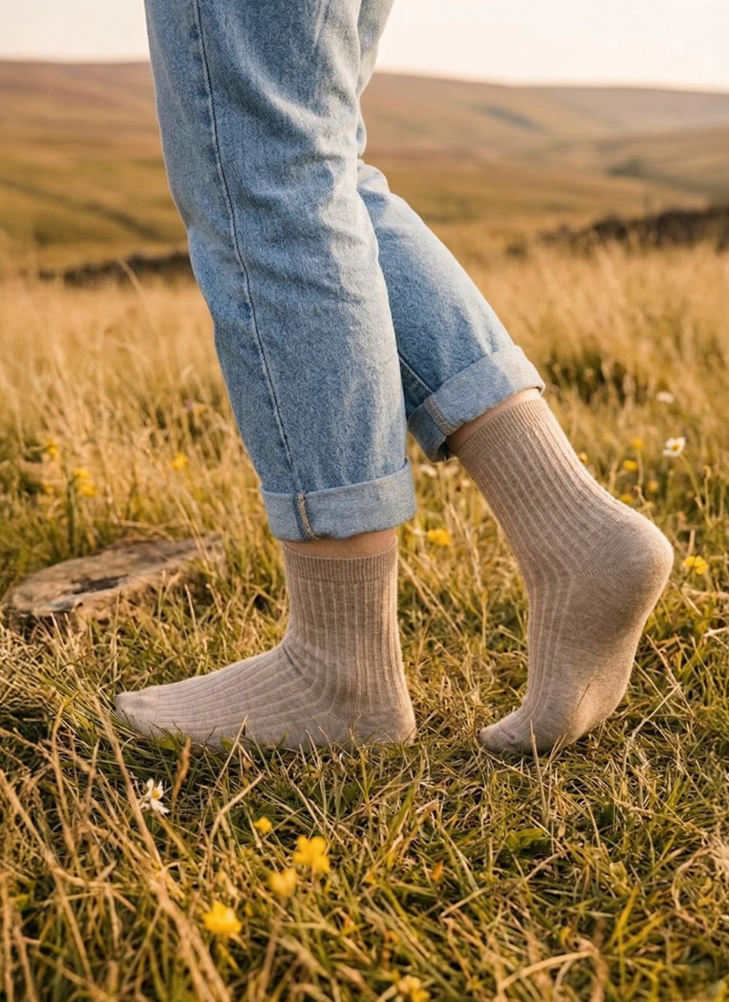 A close-up shot of a person's lower legs standing in a grassy field dotted with small yellow wildflowers. They are wearing light blue cuffed jeans and light beige ribbed socks, set against a softly blurred background of rolling hills during golden hour.