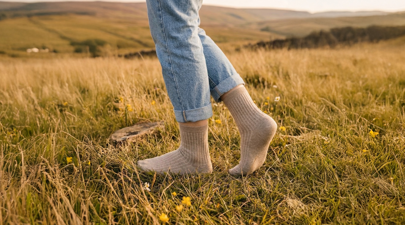 A close-up shot of a person's lower legs standing in a grassy field dotted with small yellow wildflowers. They are wearing light blue cuffed jeans and light beige ribbed socks, set against a softly blurred background of rolling hills during golden hour.
