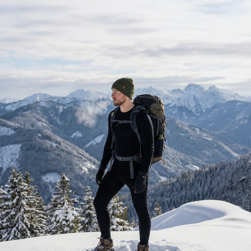 Man standing on a snowy mountain wearing a black merino wool base layer, winter beanie, and backpack, with alpine landscape in the background.