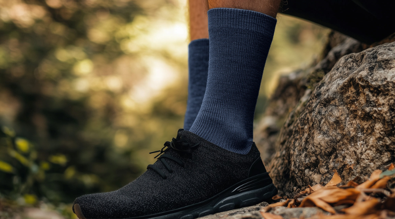 A close-up shot of a person's black sneaker and dark blue sock, standing on a log with fallen brown leaves in a forest.