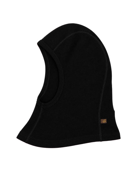 A black fleece balaclava hood with a small brown embroidered logo on the lower right side, shown against a plain white background.