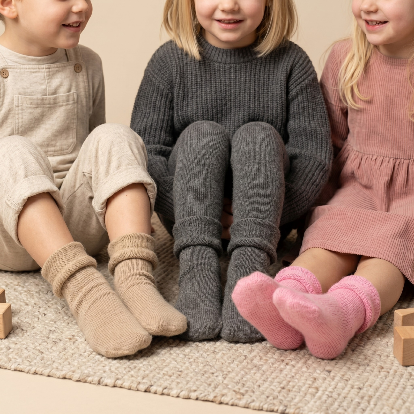Calcetines para niños de merino y cachemir, paquete de 3 - Gris perfecto, beige cremoso, rosa polvoriento