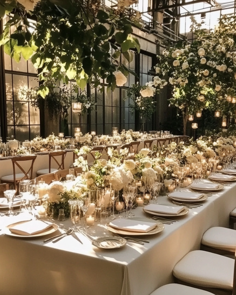 El juego de 10 servilletas de lino para bodas de menique decorando una gran mesa de celebración nupcial.