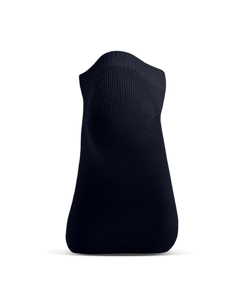 Calcetín tobillero azul de bambú vista del talón y la suela, calcetín corto suave que absorbe la humedad