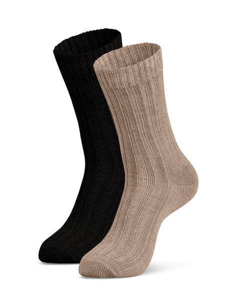 Juego de dos pares de calcetines de lana merina para mujer en beige y negro – textura acanalada, suave y tejido sostenible.