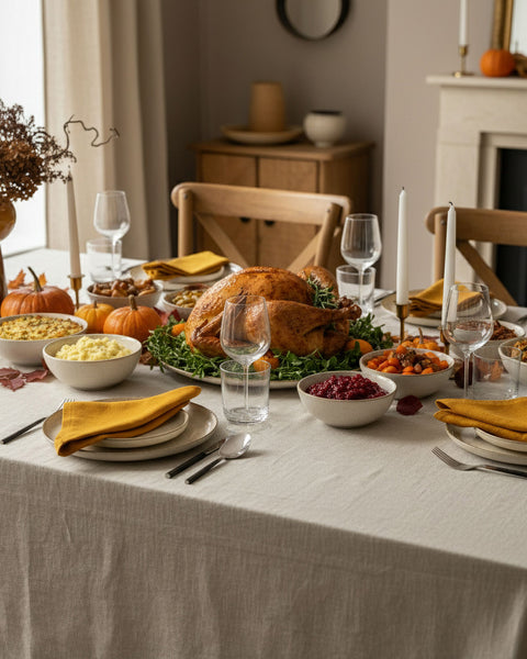 Mesa elegante para la cena de Acción de Gracias con mantel de lino natural, servilletas de lino color mostaza, pavo asado como centro de mesa y decoración otoñal festiva.