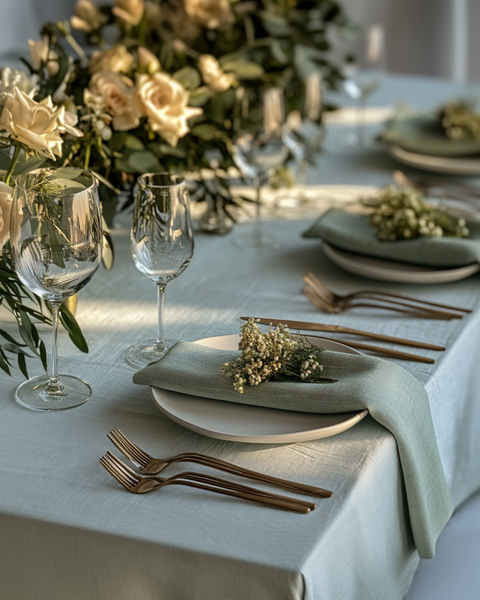 El juego de 10 servilletas de lino para bodas de menique en color verde piedra decorando una mesa de celebración nupcial.
