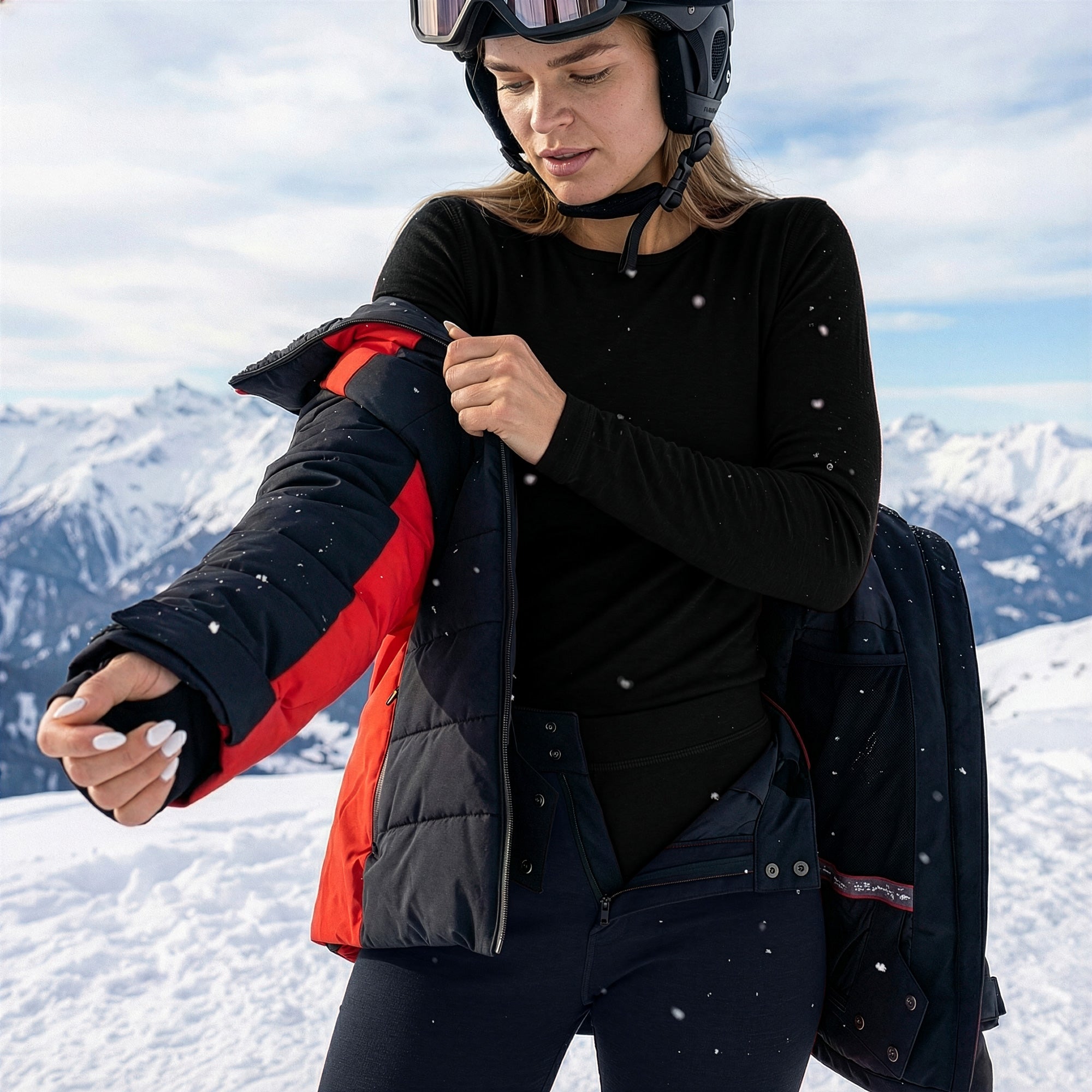 Mujer con una capa base térmica de lana merina negra bajo una chaqueta de esquí en condiciones alpinas, destacando la superposición para el rendimiento y la comodidad en climas fríos.