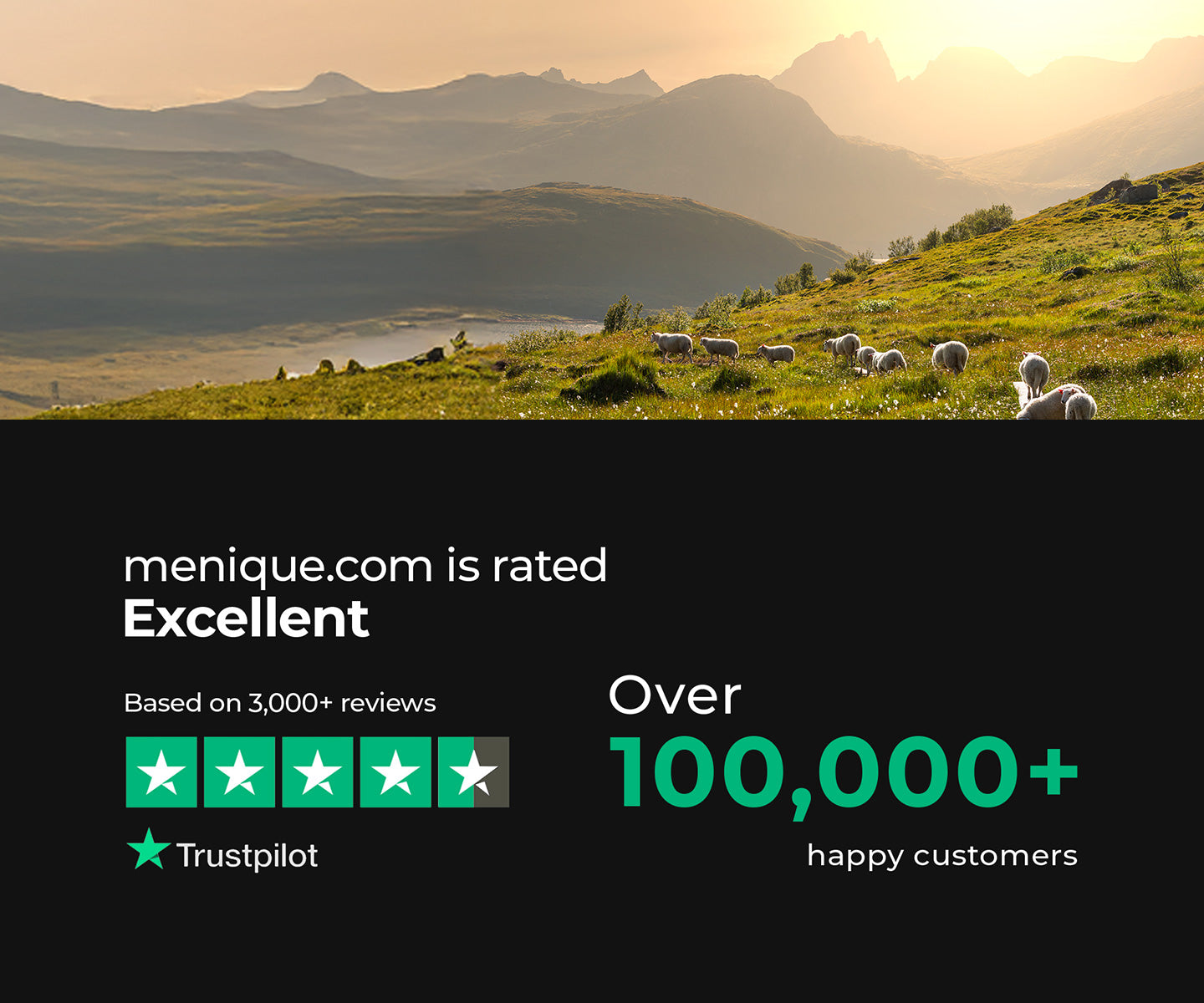 Ovejas pastando en una colina cubierta de hierba con montañas al fondo, superpuesto con información de valoración de menique.com.