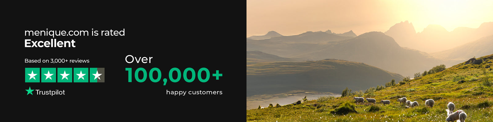 Paisaje pintoresco con montañas y ovejas, junto a un gráfico de valoración de Trustpilot en menique.com.