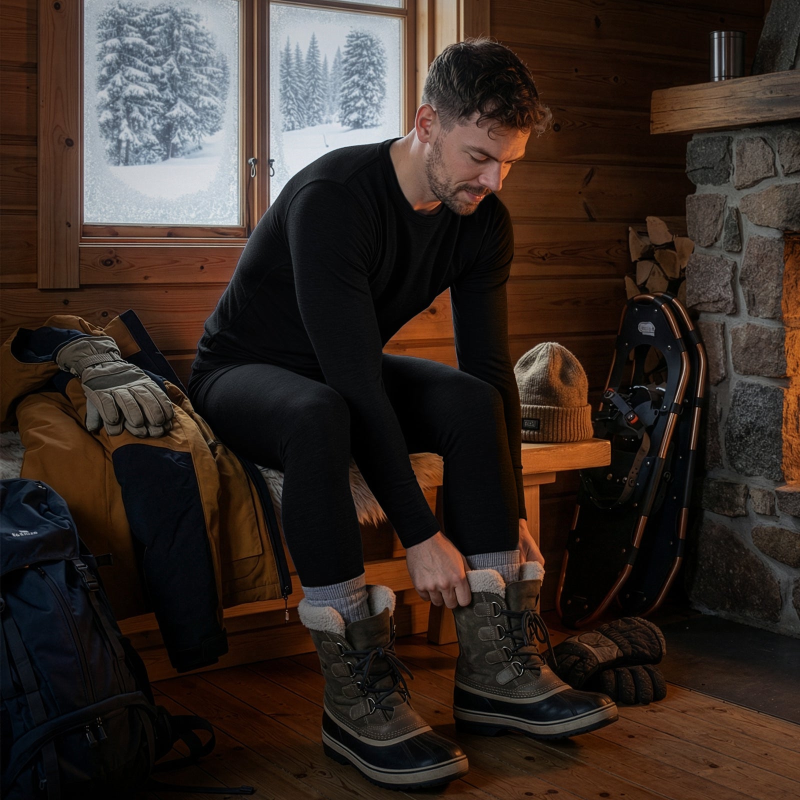 Hombre poniéndose botas de invierno en el interior, vistiendo una capa base de merino negra en una cabaña de madera