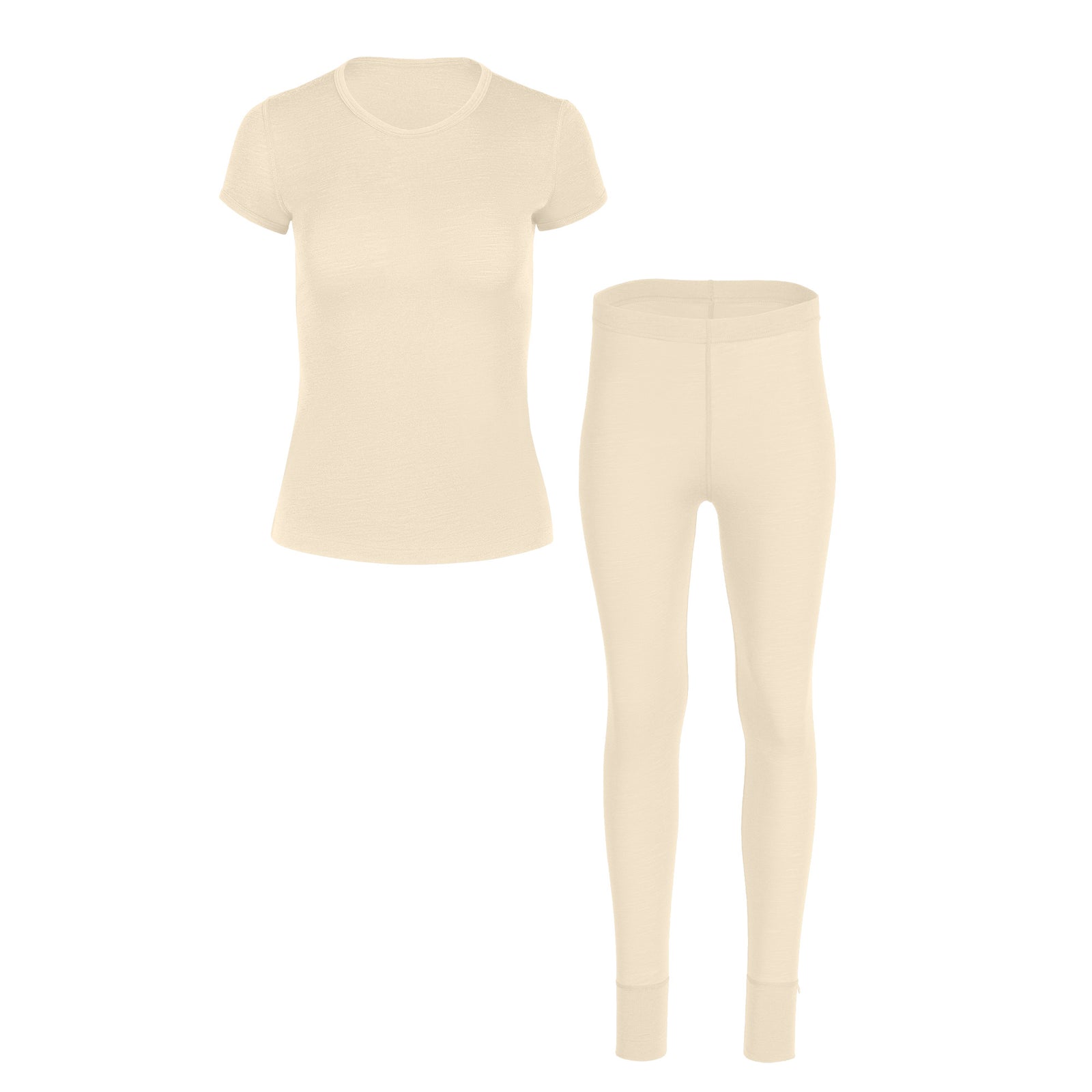 Conjunto de 2 piezas para mujer de merino 160: camiseta de manga corta y pantalón en color natural