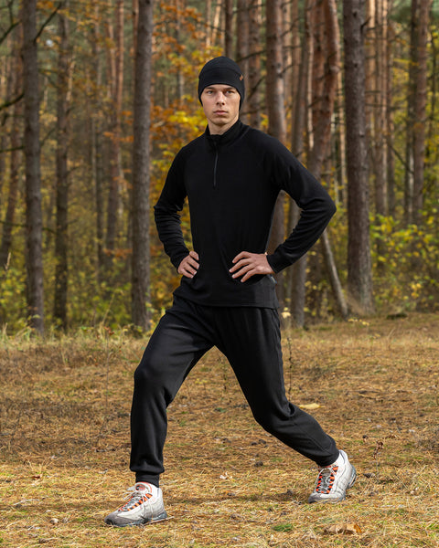 Conjunto para hombre Merino 250 de camiseta con cremallera en el cuello y pantalones deportivos negros