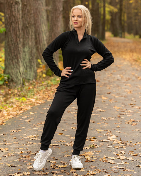 Conjunto para mujer Merino 250 de camiseta con cremallera en el cuello y pantalones deportivos jogger negro