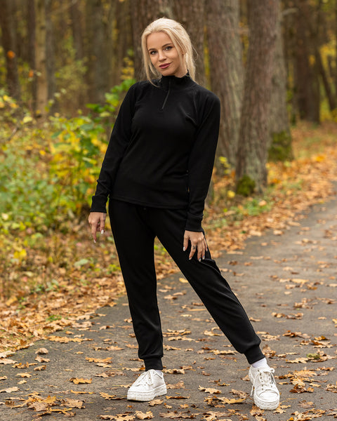 Conjunto para mujer Merino 250 de camiseta con cremallera en el cuello y pantalones deportivos jogger negro