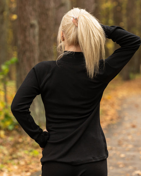 Camiseta deportiva para mujer de lana merina con cremallera y cuello alto 250 g/m² negra