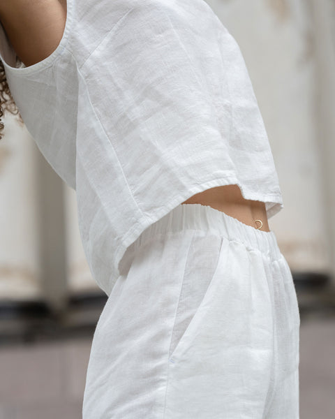 Conjunto a juego de lino de 2 piezas: top corto Ana y pantalones Dakota en blanco puro